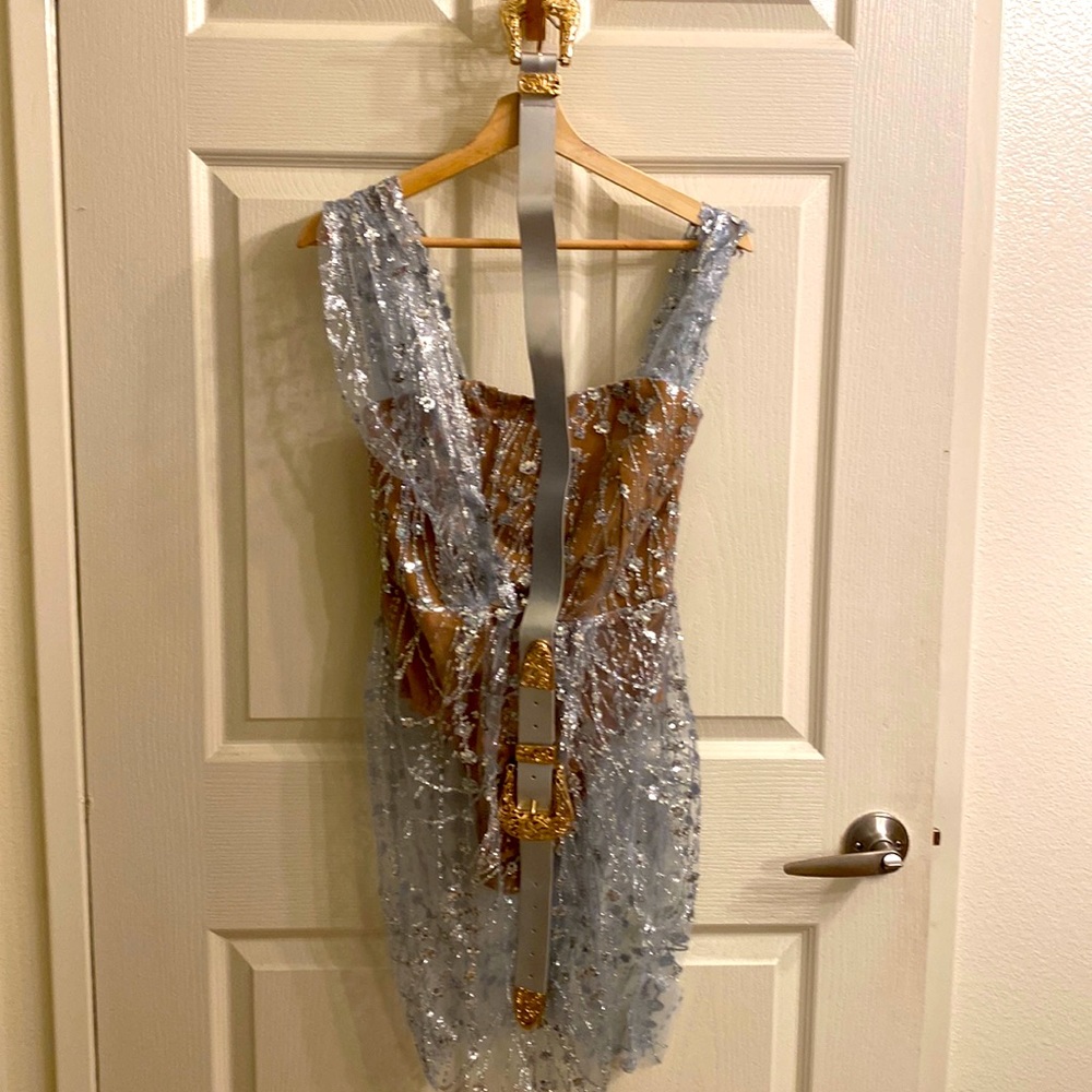 NWT Bella Barnett Silver Glitter Nude Sheer Dress Medium